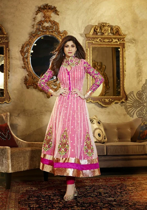 Long Pink Net Anarkali by Shilpa Shetty (6013) Printed A-line Maxi