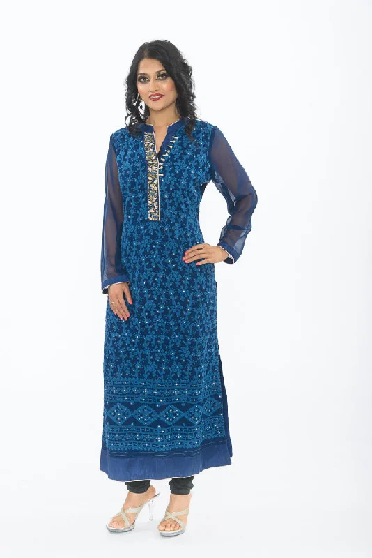 Midnight Blue Floral Long Kurti with Churidar Embellished Maxi Skirt