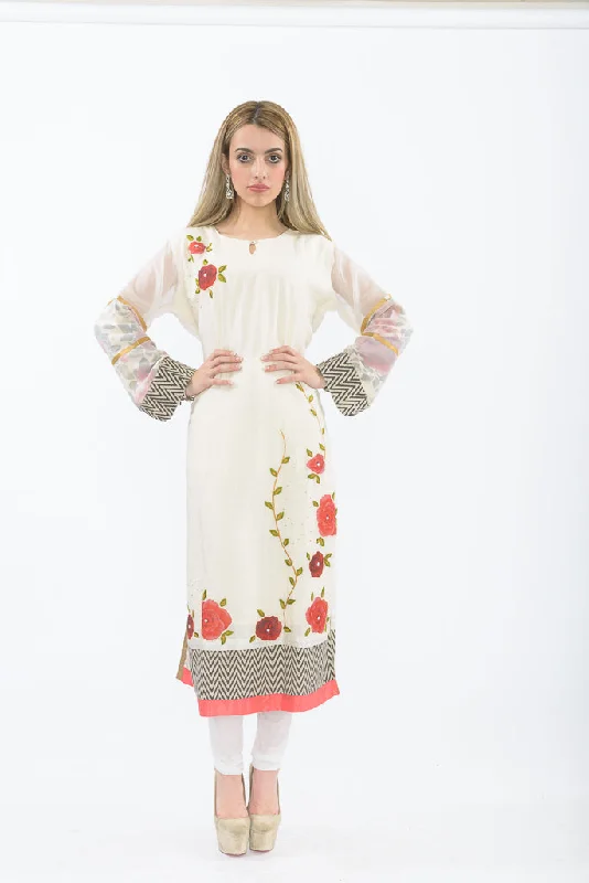 Modern Floral Long Kurti with Churidar Ruffled Maxi Skirt