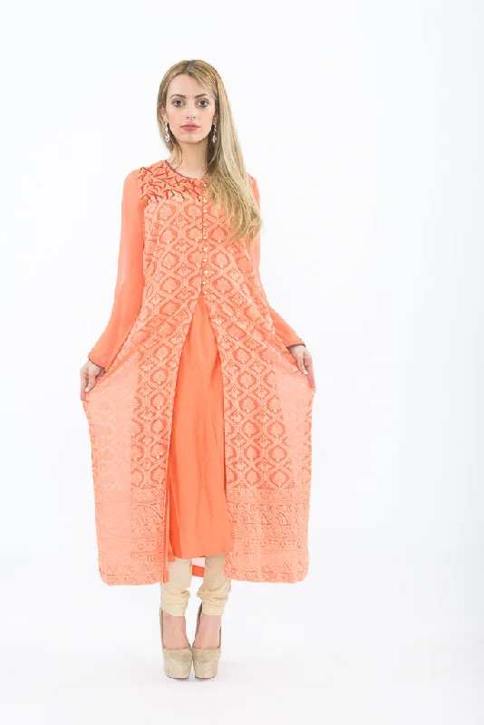 Fair Peach Long Kurti with Churidar Colorful Maxi Skirt