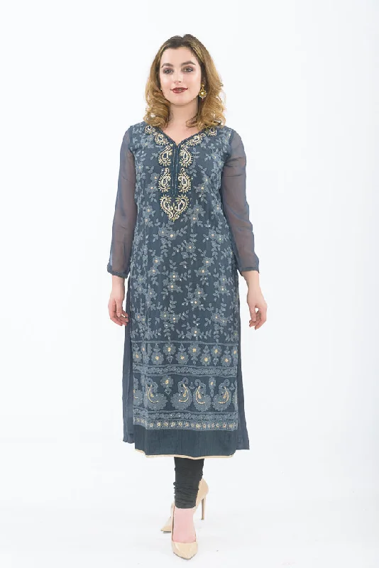 Shades of Grey Designer Long Kurti Floral Maxi Skirt