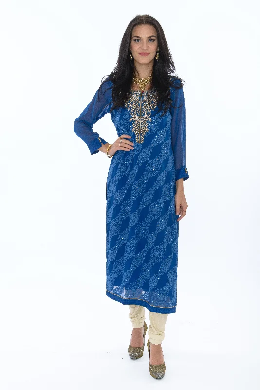 Shimmering Waves of Blue Modern Long Kurti Salwar Kameez Maxi Skirt Look