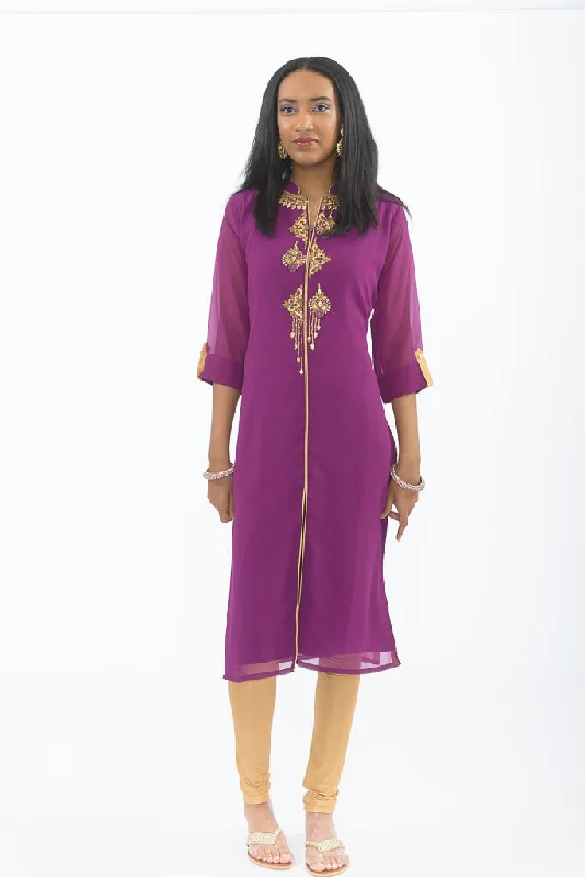 Winsome Violet Long Kurti with Churidar Tulle Layered Maxi