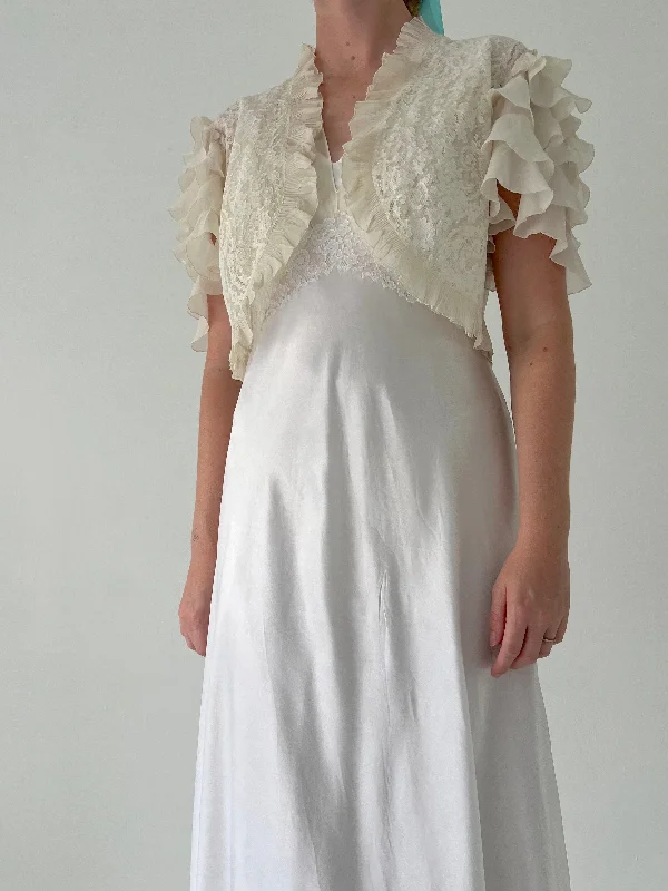 Handmade 1930's Off White Silk Slip and Ruffle Bolero Set with White Lace