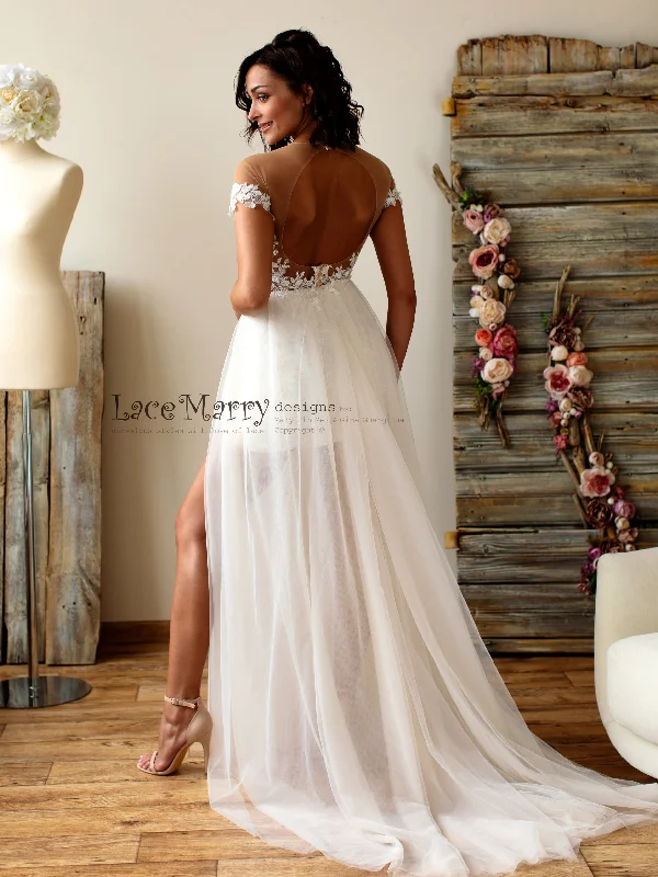 Boho Lace Wedding Dress with Illusion Off Shoulder Cap Sleeves