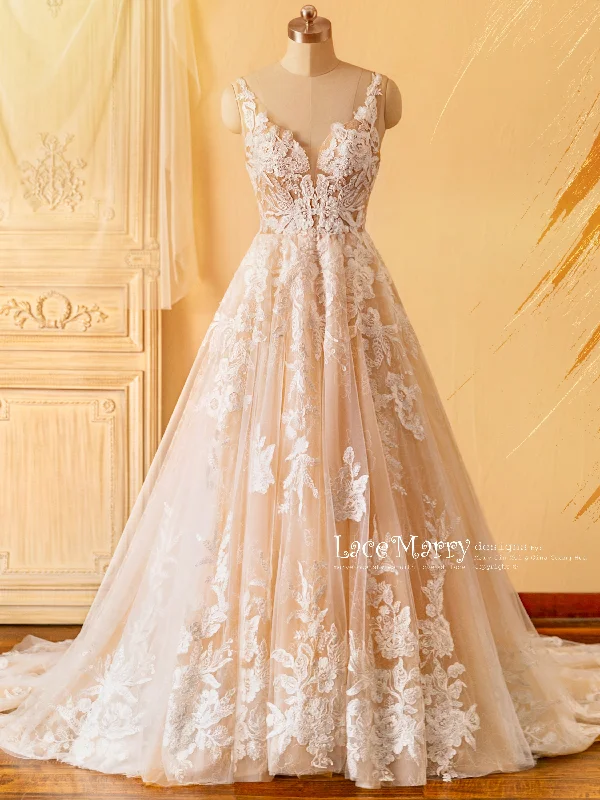 CELINE / Enchanting Lace Wedding Dress with Flower Embroidered Tulle