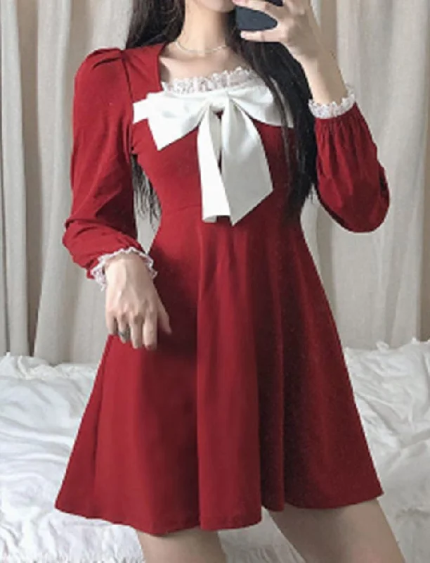 Christmas Bow Lace Panel A-Line Dress