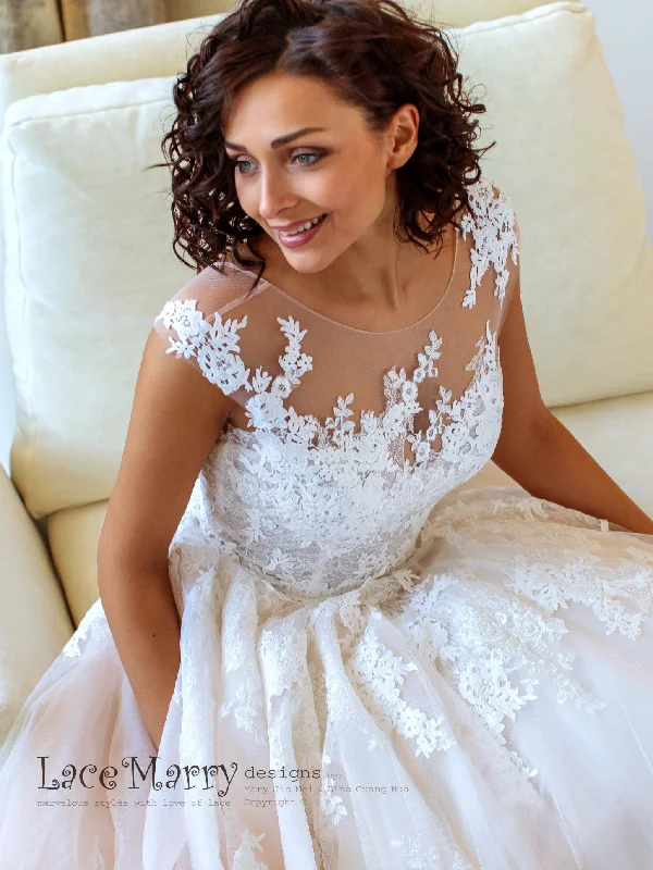 Princess Lace Wedding Dress with Ivory Floral Appliqués