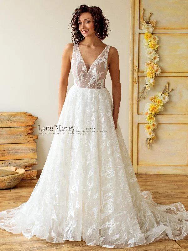 Sparkling Lace Wedding Dress with V Neckline