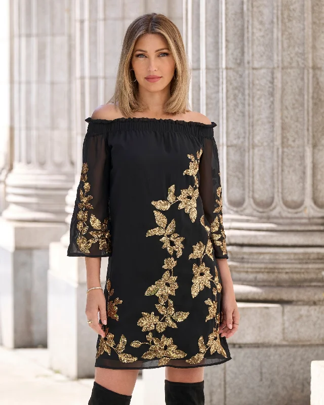 Gold Sequin Embellished Off the shoulder Shift Dress Black