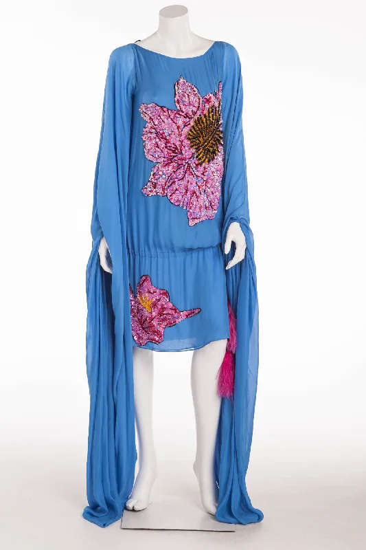 Roberto Cavalli - Unique Collectible Blue Long Sleeve Dress wth Pink Sequin Flower and Flutter Sleeves - IT 40