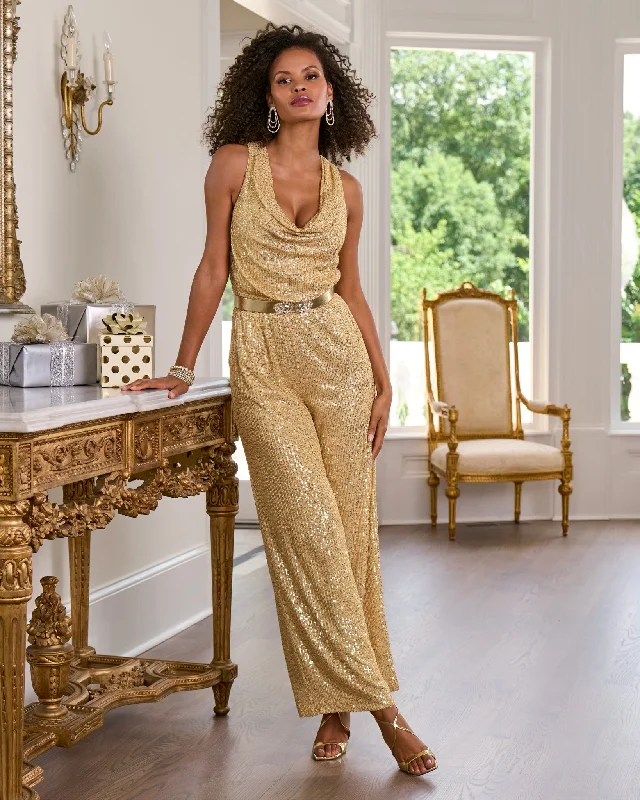 Sequin Cowl Neck Jumpsuit Gold