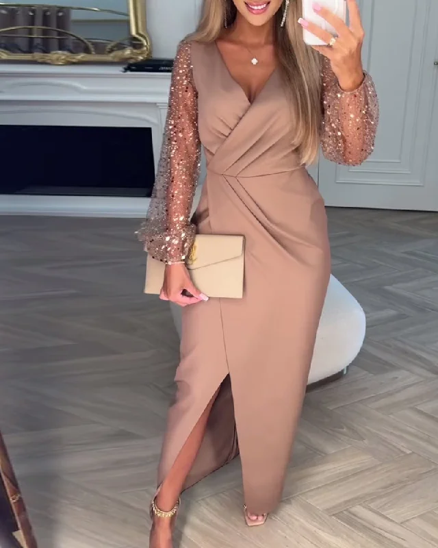 Sequined Sleeves Elegant Slit Dress