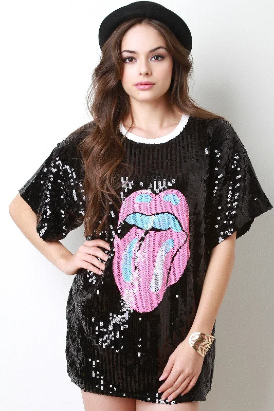 Pink Tongue Sequined Shift Dress