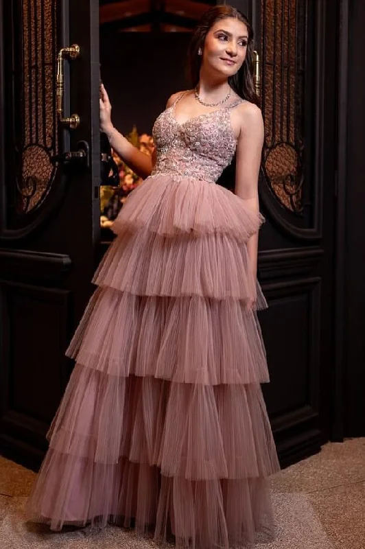 A-Line Empire-Waist Appliques Layered Tulle Sleeveless Formal Prom Dress