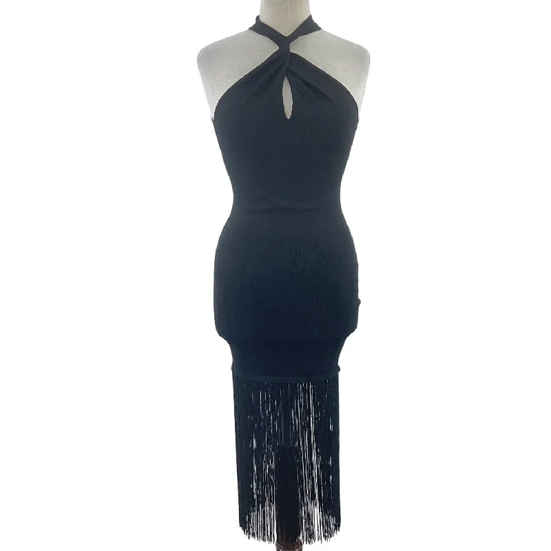 Bebe Black Halter Keyhole Fringe Bodycon Dress Women’s Small Viscose Preowned