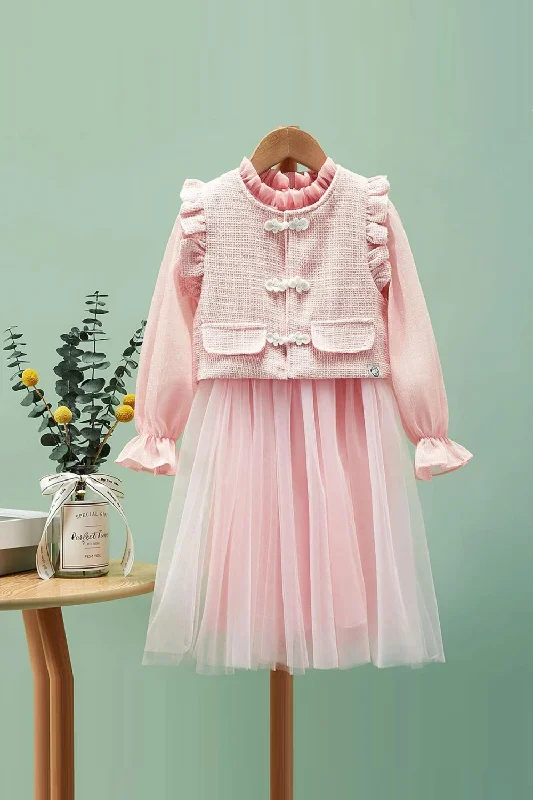 Elegant Pink Girls' Dress with Tulle Skirt and Ruffled Sleeves - Perfect for Parties and Special Occasions