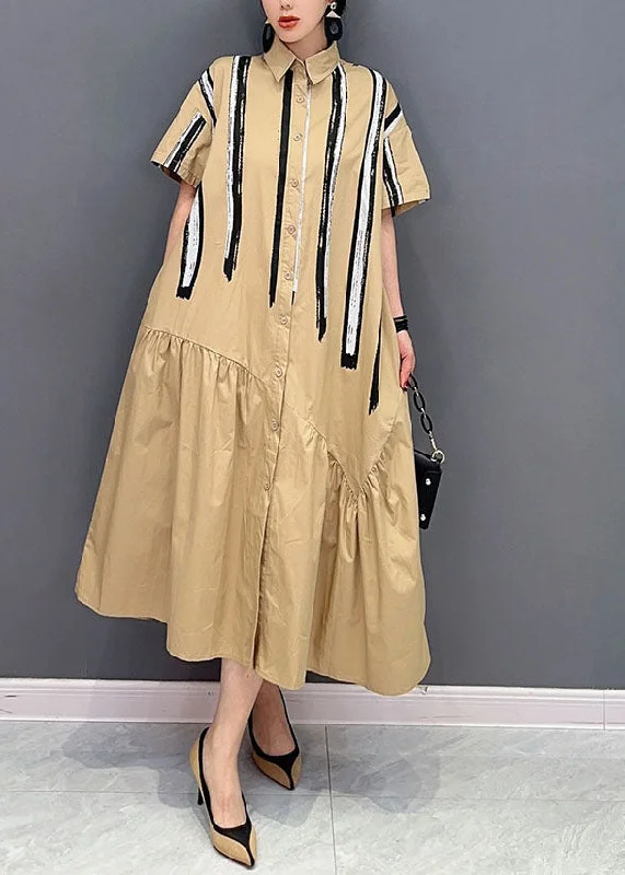 Italian Khaki Peter Pan Collar Patchwork Cotton Shirt Dress Summer LY0575 Sleeveless Shirt Dress