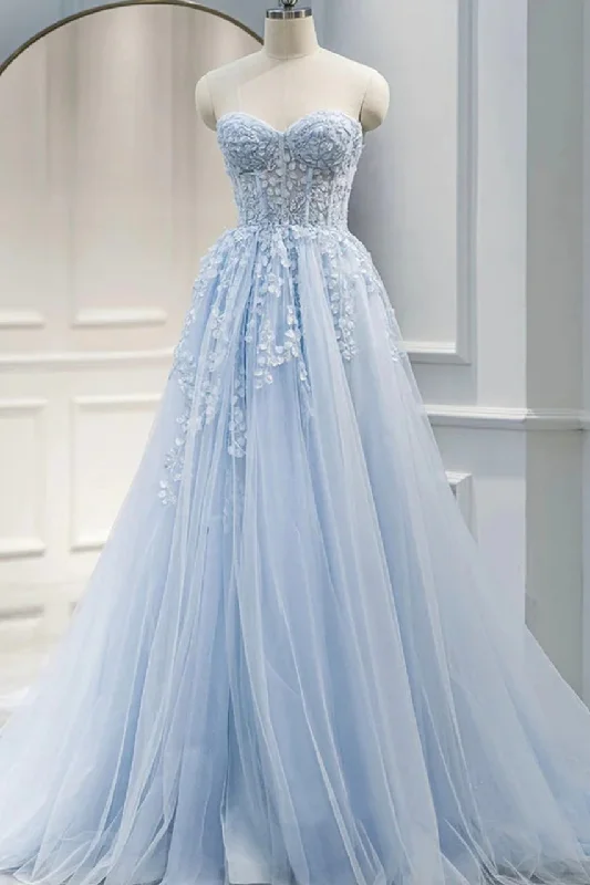 Light Blue Strapless A-Line Appliques Sweetheart Tulle Prom Dress