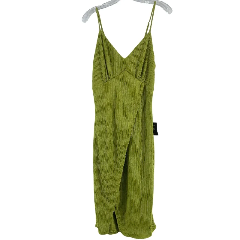 Lulus Chartreuse Plisse Bodycon Faux-Wrap Dress Women’s M Knee Length Poly NWT