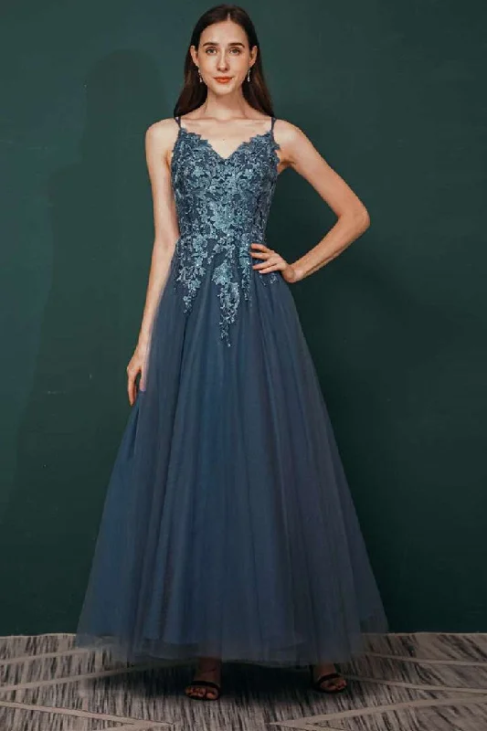 Navy Tulle A-line Lace Prom Dress with Appliques