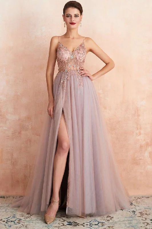 Rosewood Tulle Beaded High Side Silt Prom Dress