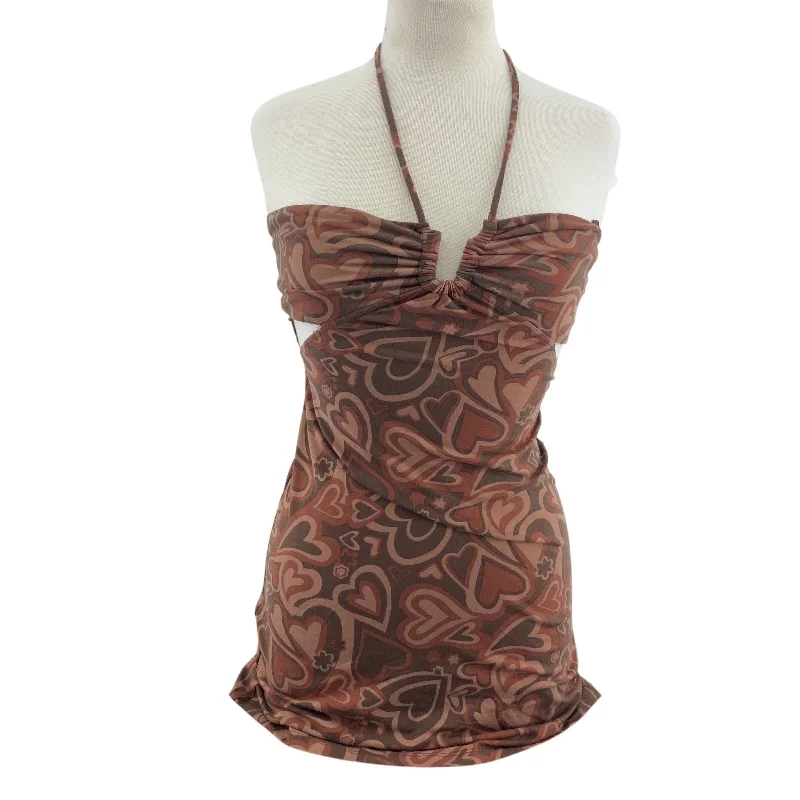 Social Tourist XS Y2K Brown Heart Print Bodycon Dress Women's NWT