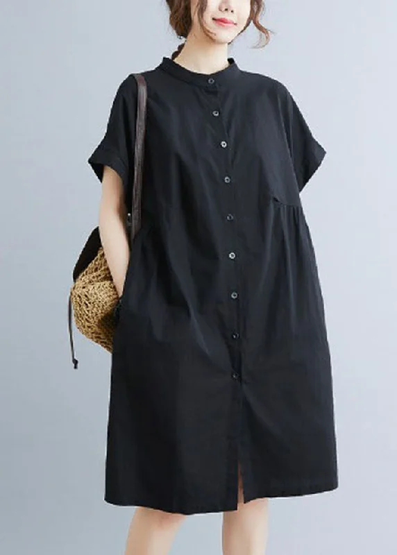 Style Black Stand Collar Wrinkled Cotton Shirt Dress Summer AC2045 Basic Shirt Dress