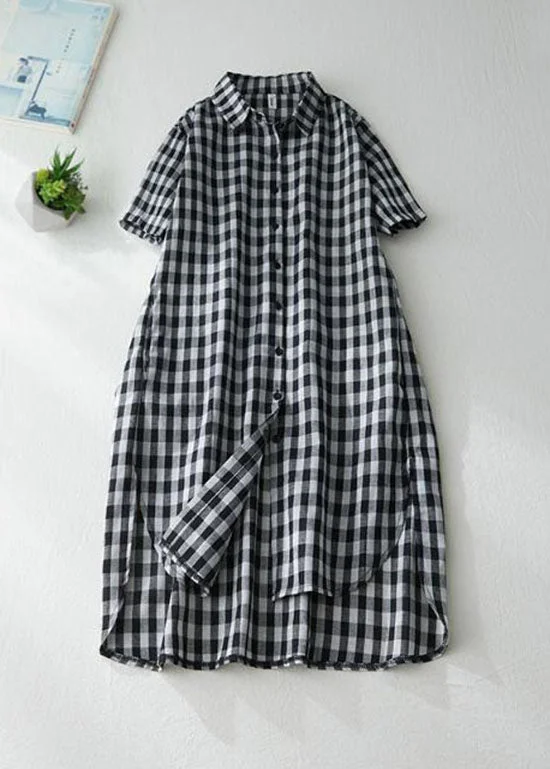 Stylish Black Peter Pan Collar Plaid Linen Shirts Dresses Summer LY0626 Midi Shirt Dress