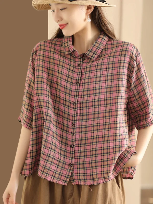 Women Artsy Plaid Summer Button-up Linen Shirt KL1012 Classic Shirt Gown