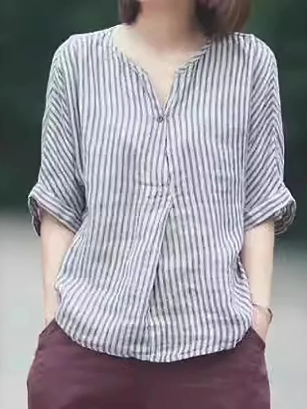 Women Casual Stripe Summer Linen V-Neck Shirt PA1001 Classic Shirt Gown