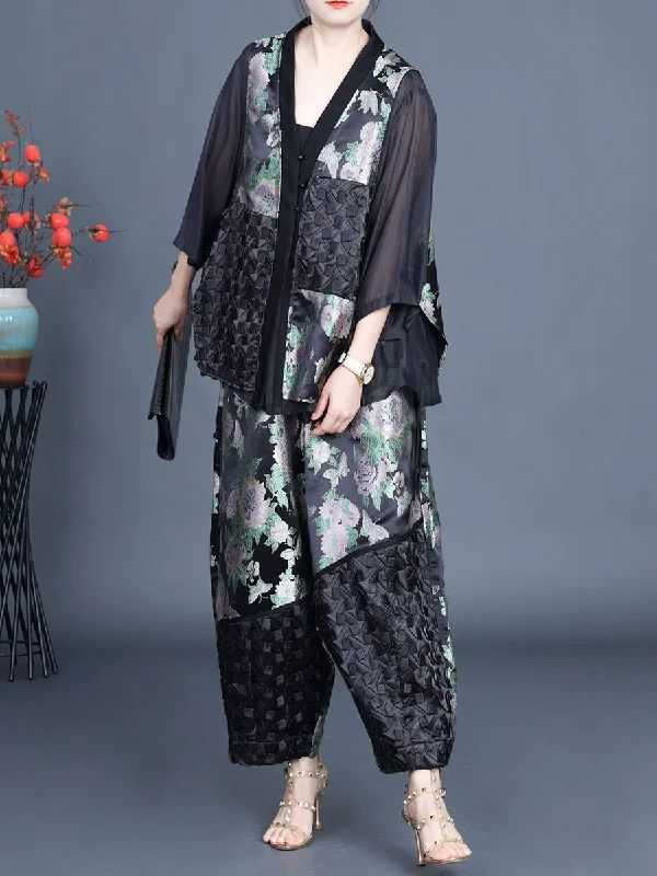 Women Summer Ethnic Flower Spliced Shirt+Pants KL1015 Button Detail Shirt