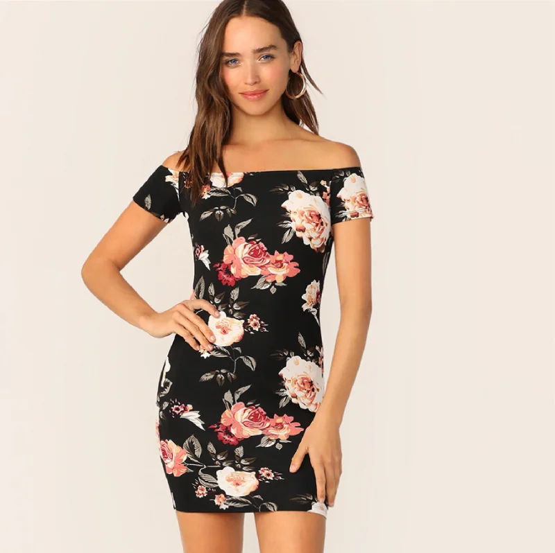 Women's Bodycon Off-Shoulder Dress With Flower Print