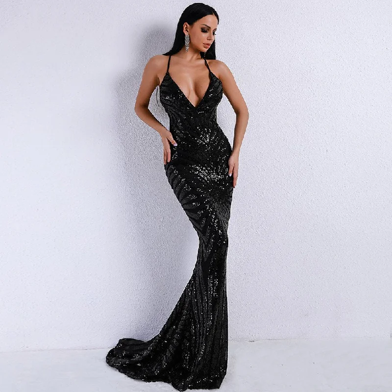 Women's V-Neck Sequin Bodycon Floor-Length Dress