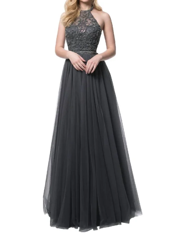 Beaded Halter Tulle Skirt Prom Dress In Grey