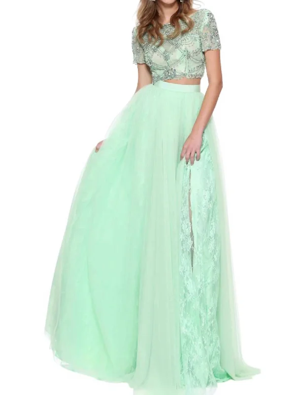 Beaded Tulle Lace Prom Dress In Light Green