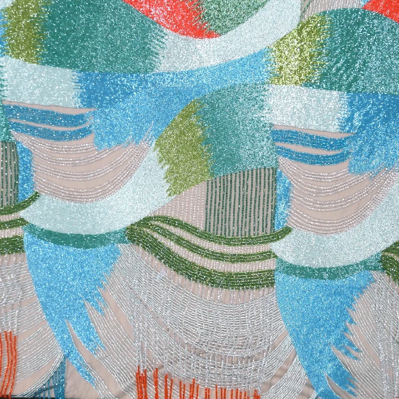 Heavily Beaded Bugle Beads and Fringes Multicolored Abstract Embroidered Tulle Fabric