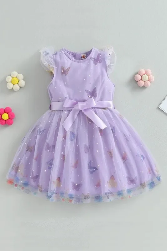 Kids Clothing Toddler Girl Summer Dress Casual Fly Sleeve Butterfly Mesh Tulle Dress Children A-Line Dress with Belt