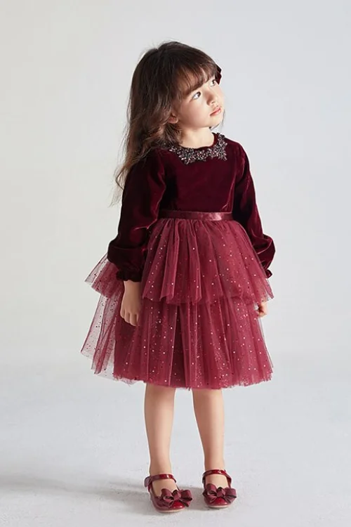 Christmas Formal Dress for Kids Girl Children Girls Patchwork Red Tulle Layered Ball Gown for Pageant Ceremony Carnival