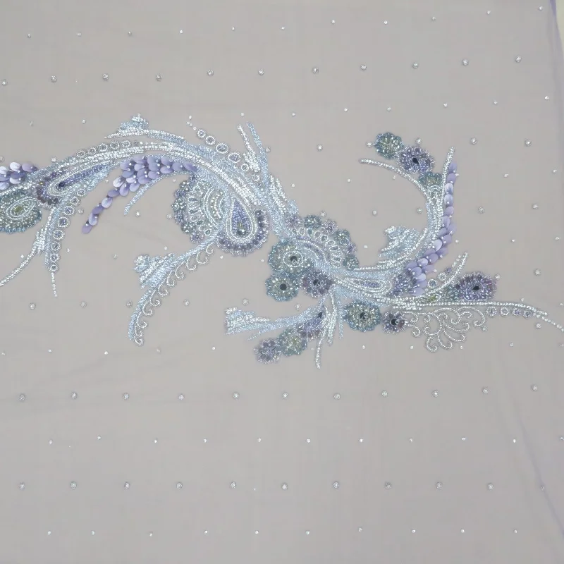 Purple Abstract with Beads and Rhinestones Modern Embroidered Tulle Fabric