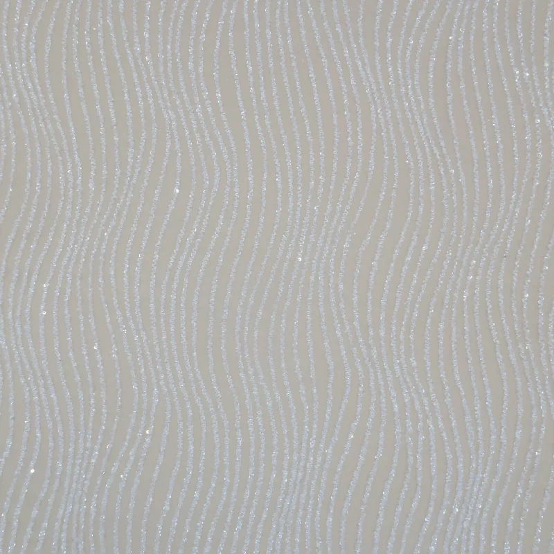 White Bugle Beads Wave Form Embroidered on Tulle Fabric